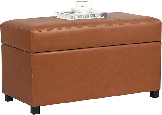 Joveco 32" Leather Storage Ottoman Bench, Rectangle Foot Rest Stool for Living Room, Bedroom, Entryway, Cognac Brown
