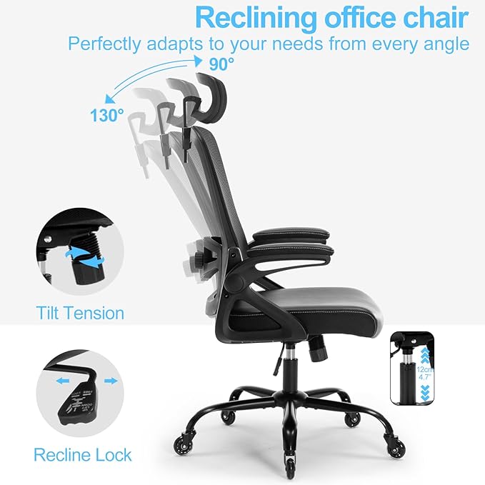 Ergonomic Office Chair, Desk Chair with Adjustable Lumbar Support, High Back Mesh Chair with Blade Wheels, Executive Chair for Home Office
