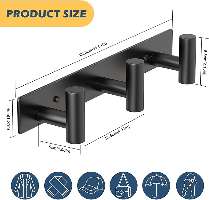 HUFEEOH 2 Pack Coat Hooks Wall Mount, Black T Shaped 3 Hooks Wall Hooks Stainless Steel Coat Hanger Wall Mount, Heavy Duty Towel Hooks Purse Rack for Hanging
