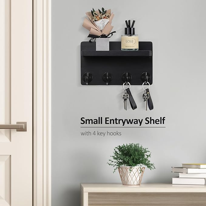 Nekon Key Holder Wall Mount, 8.5 Inch Small Home Decor Wooden Wall Organizer with 4 Hooks and Shelf, Wall Decor for Living Room Entryway Kitchen (Black)