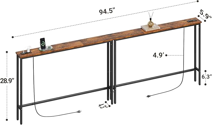 ELYKEN 94.5" Narrow Console Sofa Table with Power Outlet, 5.9'' Behind Couch Table with Charging Station, Long Entryway Tables for Living Room, Hallway, Rustic Brown