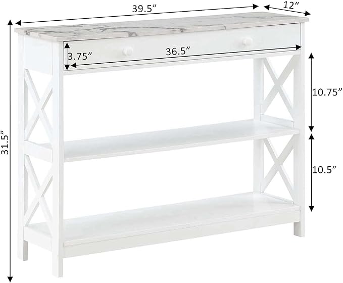 Convenience Concepts Oxford 1 Drawer Console Table with Shelves, White Faux Marble/White