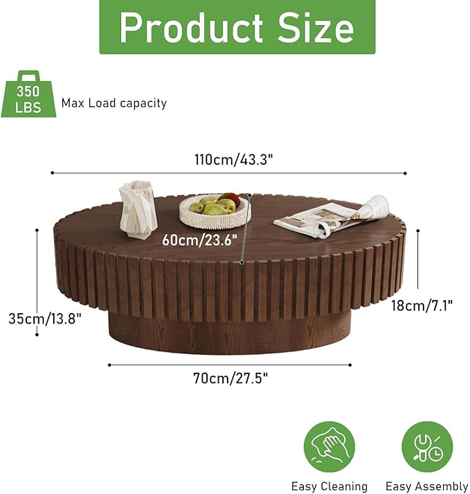 Oval Coffee Table for Living Room, 43.3'' Modern Handcraft Drum Coffee Table Unique Fluted Coffee Tables Wood Center Table End Table for Small Space, Farmhouse Apartment Office (Oval Brown)