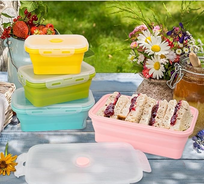 Set of 4, Collapsible Silicone Food Storage Container, Leftover Meal Box for Kitchen, Lunch Boxes with Clip-on Lid, Stackable, Space Saving, Dishwasher Safe, BPA Free