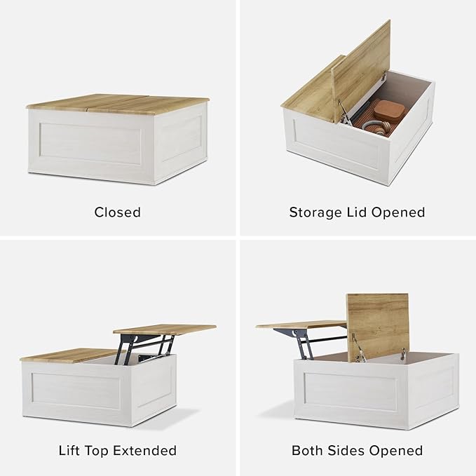 mopio Blake Lift Top Coffee Table with Storage, Modern Farmhouse Square Wood Center Coffee Table with Easy Lifting Top, Chamfered Edge & Soft Closing (White Oak)
