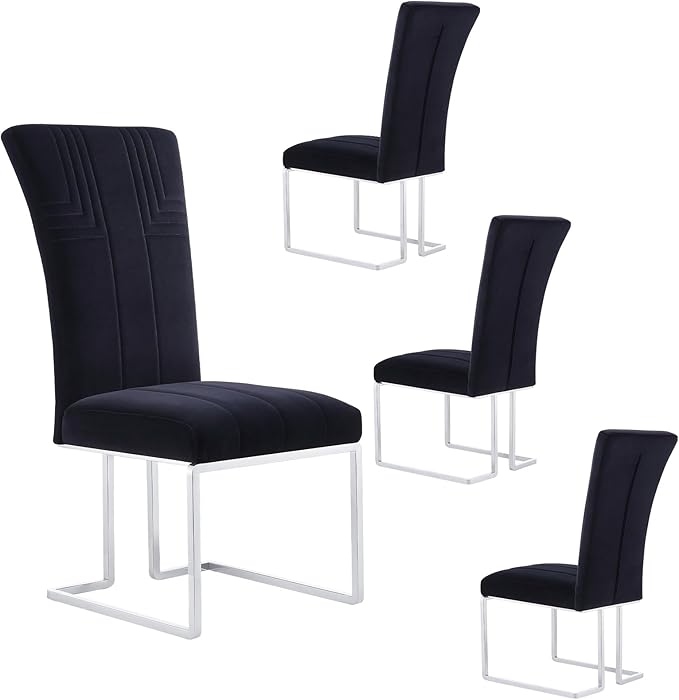 AUZ Dining Chairs Set of 4, Black and Silver Dining Chair with Velvet Upholstery and Mirrored Silver Sled Legs