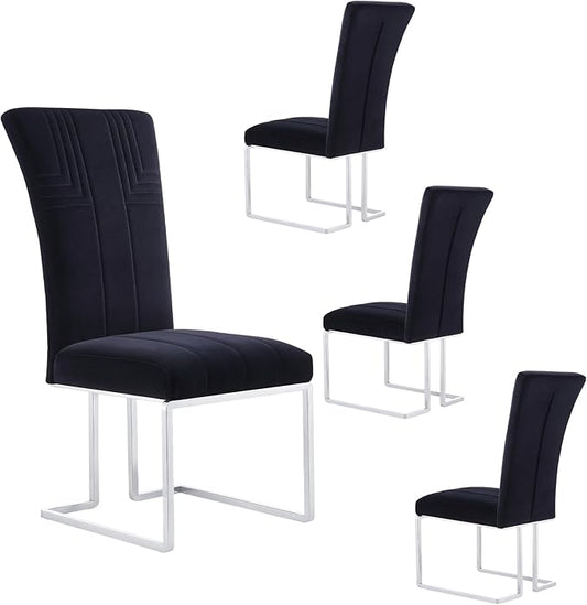 AUZ Dining Chairs Set of 4, Black and Silver Dining Chair with Velvet Upholstery and Mirrored Silver Sled Legs