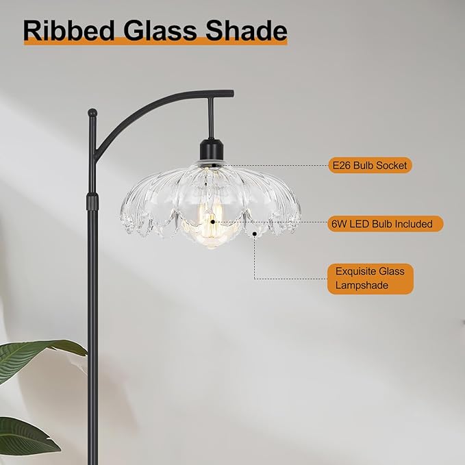 Black Floor Lamp for Living Room Bedroom with Remote,Unique Vintage Standing Tall Lamp,Mid Century Modern Floor Lamps with Dimmable Bulb,Arc Clear Glass Floor Lamps for Office Corner