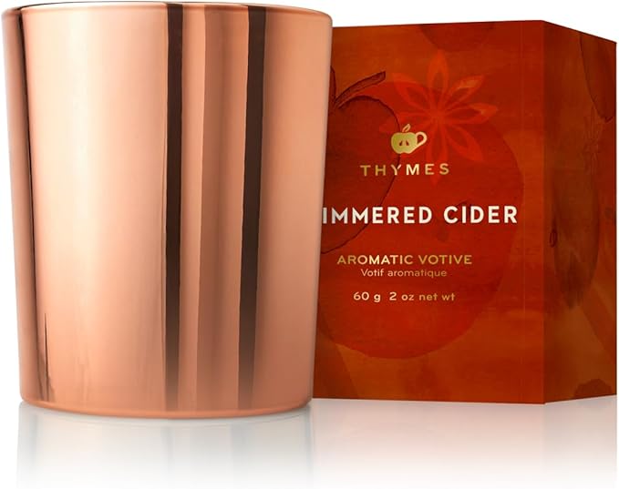 Thymes Scented Candles for Home Decor - Luxury Home Fragrance Gifts for Women & Men - Fall Candles with Warm Notes of Apple, Clove, & Cardamom - Rose Gold Votive (Simmered Cider, 2 oz)