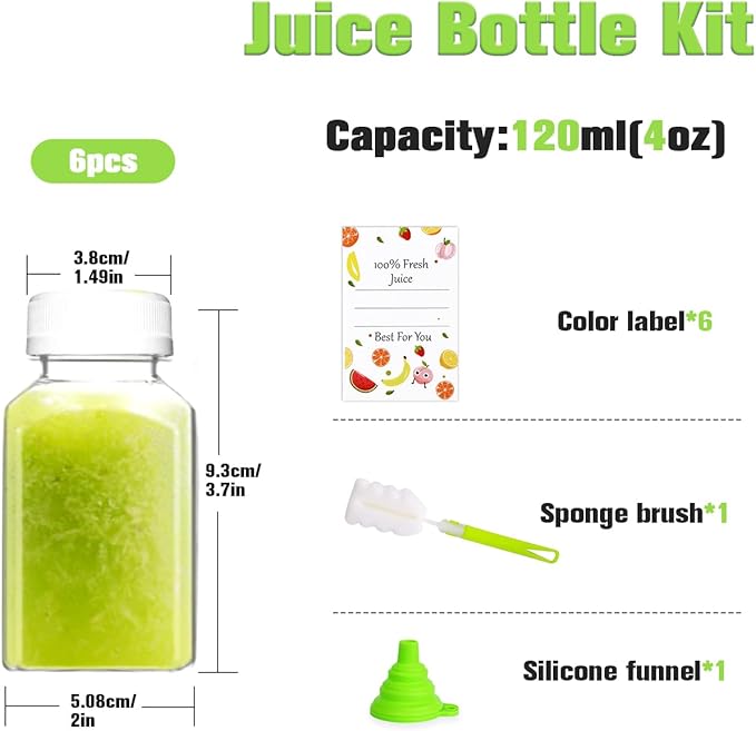 Plastic Juice Bottles, Reusable Juice Containers with White Tamper Proof Lids, Brush, Funnel and Labels, Clear Juice Containers for Juicing, Smoothie and Homemade Beverages (6PCS 4oz)