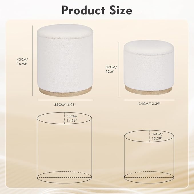 PINPLUS Round Ottoman with Storage Set of 2, Vanity Stool with Tray Storage for Bedroom, Small Teddy Velvet Foot Rest Stool Ottoman for Living Room, Dorm (White)