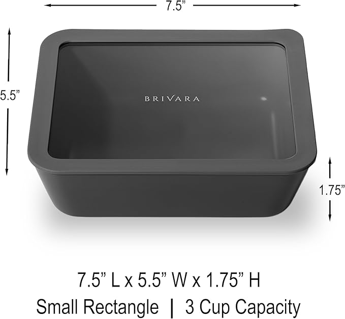 Ceramic Coated Glass Food Storage Container | No PTFE, PFOA, PFAS, and BPA | Reusable Non Toxic Meal Prep Container with Glass Lid | Easy To Store | 3 Cup Rectangle [Onyx]