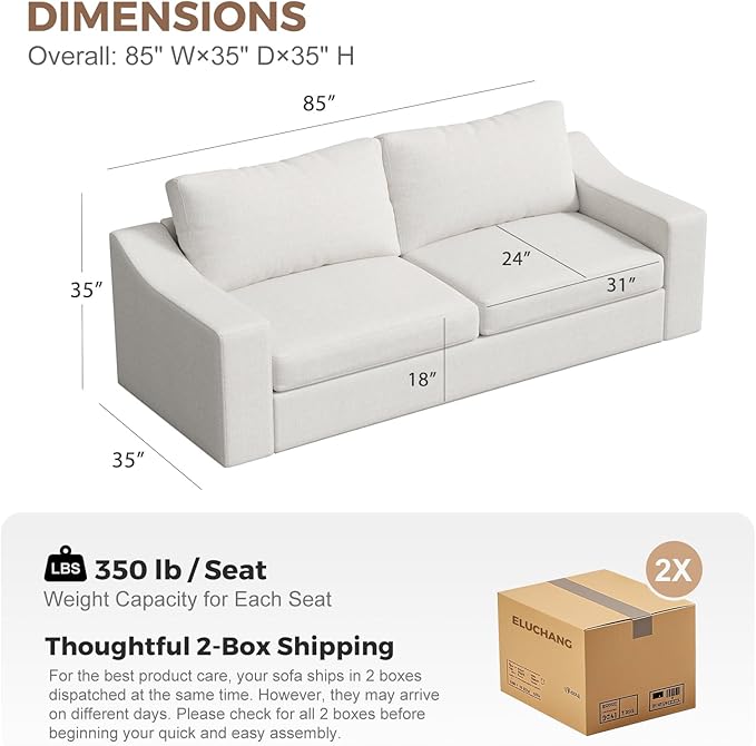 ABCASA 85" W Loveseat Couches for Living Room,Modern Linen Sofa with Removable Cover, Wide Armrest, Solid Wood Frame, Medium Firm Seat Cushion for Bedroom Office Apartment, Easy to Install, Ivory