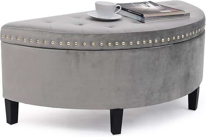Homebeez 43" Half Moon Storage Ottoman Bench, Lift Top Velvet Storage Ottoman Bench for Bedroom Living Room(Light Gray)