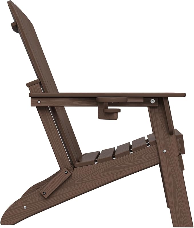 Plawdlik Folding Adirondack Chair Set of 4, Cup Holder，Wooden Textured ，Heavy All-Weather HDPE Comfortable Set Poolside Backyard Lawn Coffee