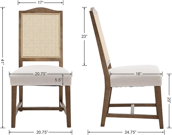 EALSON Rattan Dining Chairs Set of 4 Mid Century Modern Linen Upholstered Fabric Dining Room Chairs with Cane Back and Natural Wood Legs for Kitchen/Restaurant, Beige