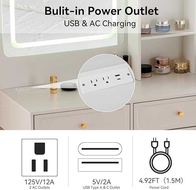 Merax 58" Large Vanity Desk with Mirror and Lights, Modern White Makeup Vanity Set with Stool and Power Outlet, Retractable Dressing Table with Drawers and Side Cabinet for Bedroom Women