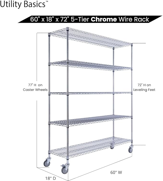 NSF Commercial 5-Tier Wire Shelving with Wheels, 60"x18"x72" Heavy Duty Metal Shelves 4000 lbs Max Capacity, Chrome Storage Rack for Garage Kitchen Pantry Warehouse
