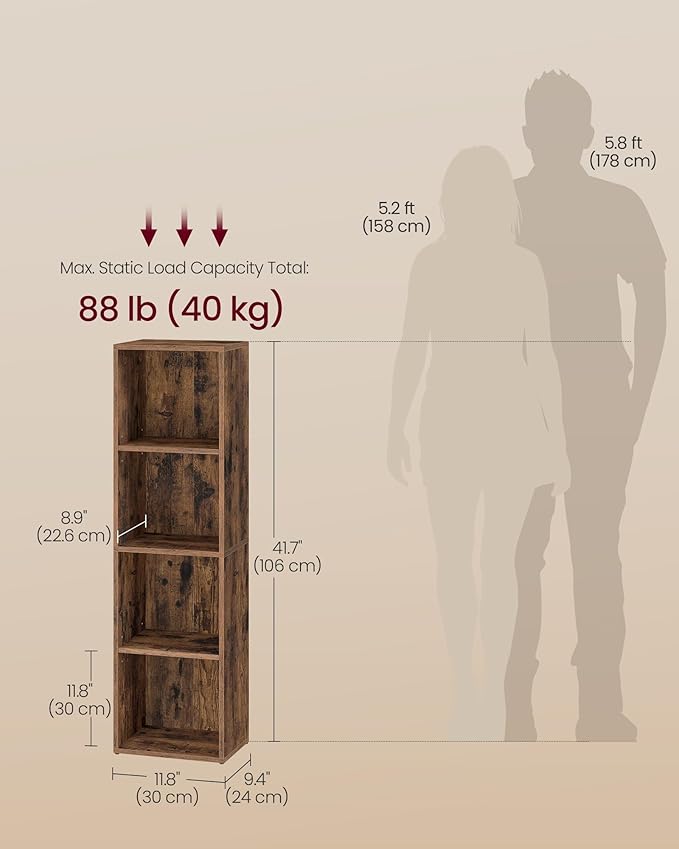 VASAGLE Custos Collection - Bookshelf, 4-Tier Bookcase, Book Shelf, Open Storage Shelf, 9.4 x 11.8 x 41.7 Inches, for Living Room, Home Office, Dining Room, Rustic Brown ULBC434K01