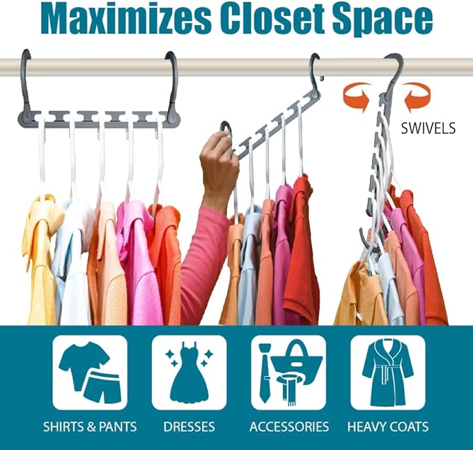 Wonder Hanger Max 20-Pack Space Saving Hangers, Reinforced Hooks Swivels 360°, Cascading Hanger, College Dorms & Storage Closet Organizer, Fully Assembled – Grey