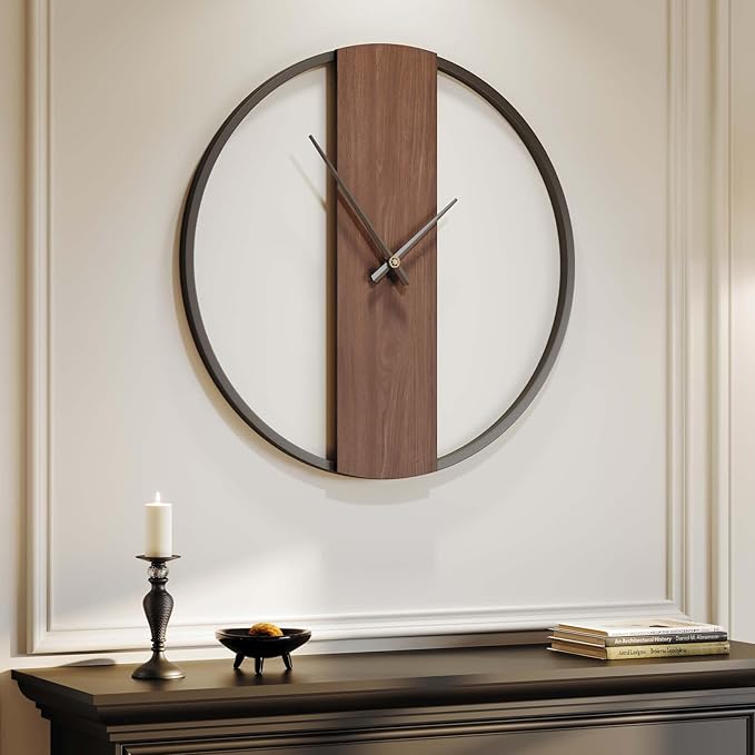 Large Wall Clock 24 Inch Decorative Modern Minimalist Wall Clocks for Living Room Decor, Silent Non Ticking Battery Operated Rustic Big Clock with Walnut Dial for Bedroom, Kitchen, Farmhouse, Office