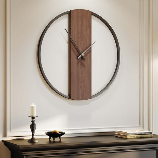 Large Wall Clock 24 Inch Decorative Modern Minimalist Wall Clocks for Living Room Decor, Silent Non Ticking Battery Operated Rustic Big Clock with Walnut Dial for Bedroom, Kitchen, Farmhouse, Office