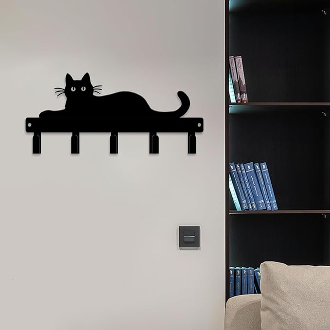 magilab Cat-Themed 10-Inch Iron Key Hooks with 5 Hooks, Black Wall Organizer - Cute Cat Design for Home Decor, No Drill & Screw-in Options (Style L)
