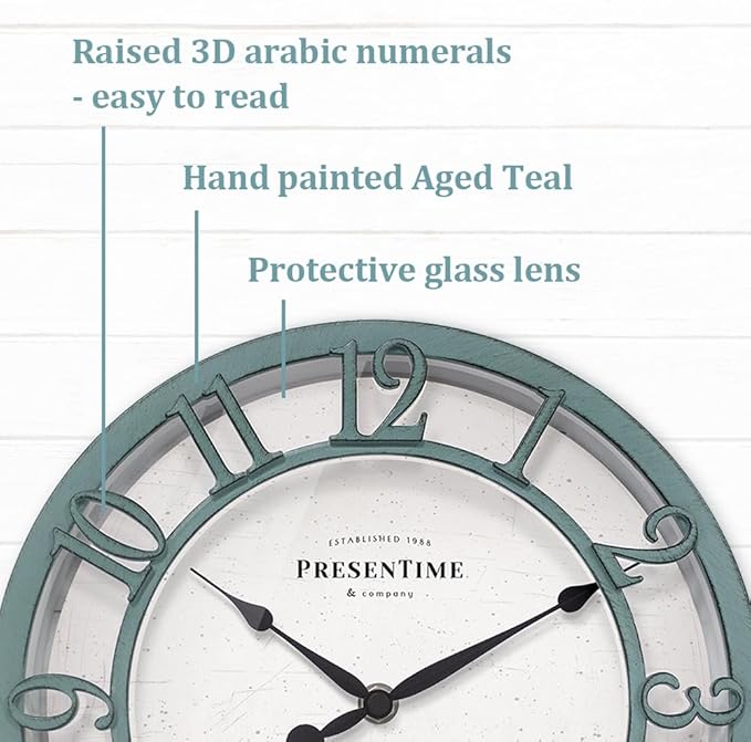 Presentime & Co 10" Farmhouse Series Wall Clock, Shiplap Style, Silent No Ticking, Raised 3D Arabic Numeral, Aged Teal Finish