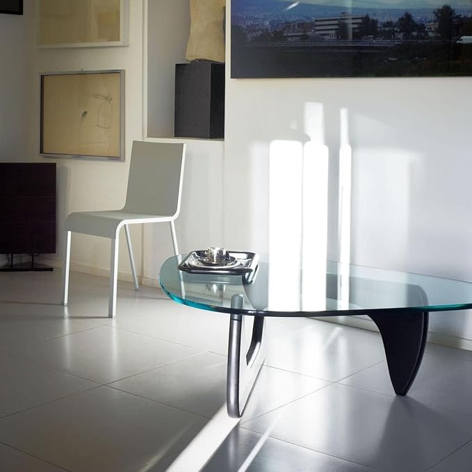 Noguchi Triangle Glass Coffee Table with Solid Wood Base, Vintage Clear Glass Top Modern Design for Living Room, Patio, Study, Black