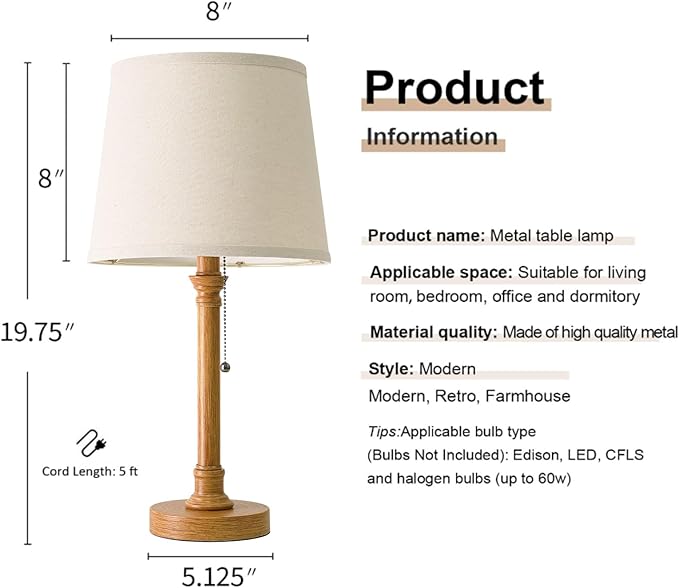 Oneach 19.5" Wood Grain Table Lamps Set of 2, Pull Chain Switch Bedside Table Lamps, Modern Nightstand Lamp with Linen Shade, Small Desk Lamp for Living Room, Bedroom, Home Office, Nursery