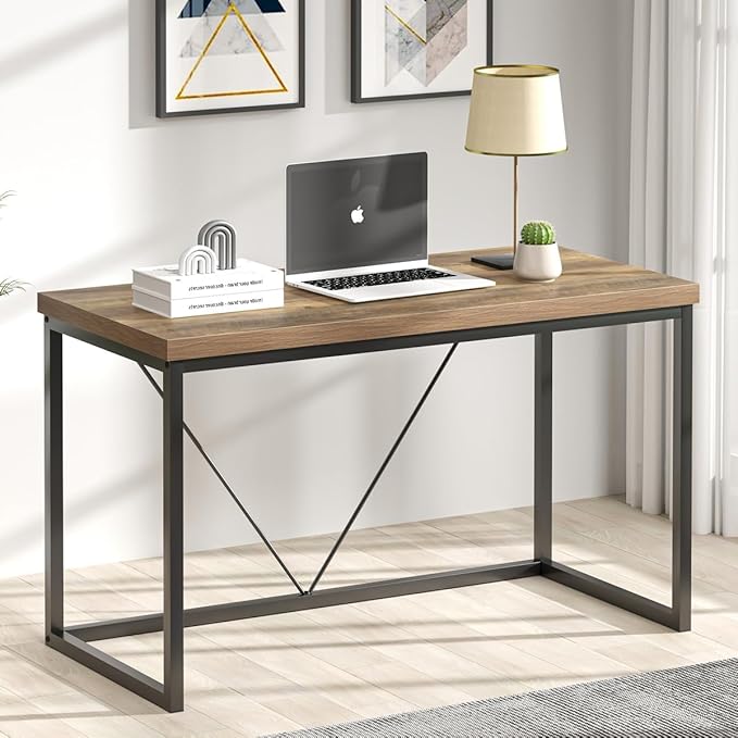 FOLUBAN Modern Home Office Desk, Rustic Wood and Metal Computer Desk, Industrial Study Writing Gaming Table Workstation, Vintage Laptop PC Desk, Oak 47 Inch