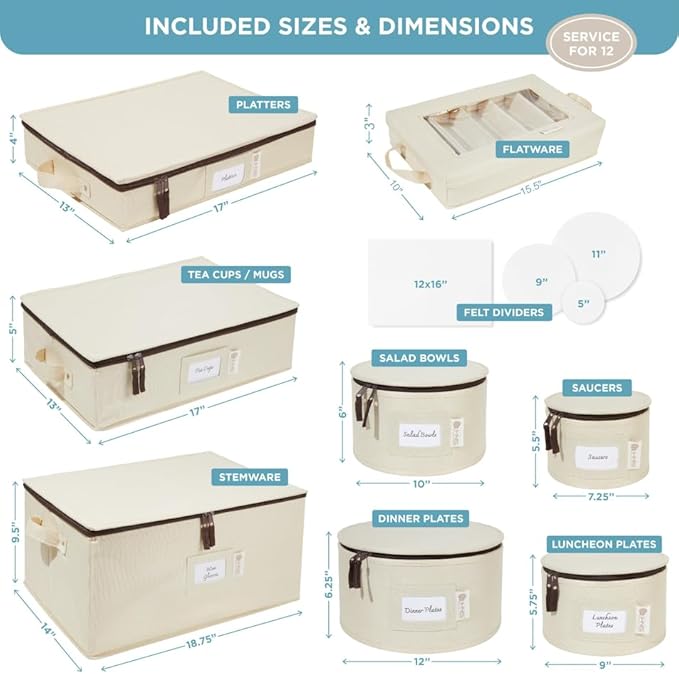 Hard Shell China Storage Containers 8-Piece Set Moving Boxes for Dinnerware, Glasses, Plates, Mugs and Saucers Sturdy Dish Organizer with Dividers for Seasonal Storage - Service for 12 - Beige