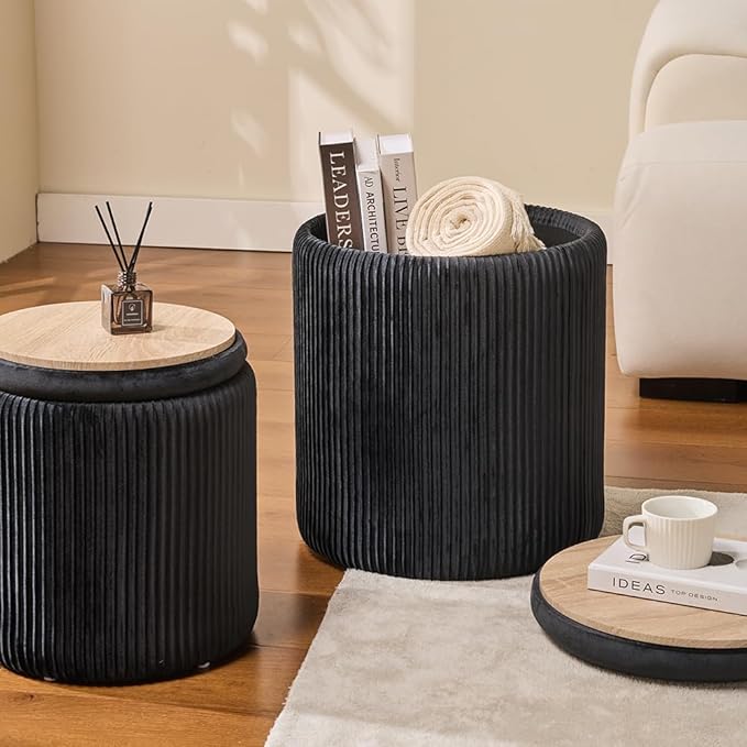 Round Ottoman with Storage Set of 2-Upholstered Sherpa Vanity Stool for Makeup Multifunctional Ottomans Coffee Table Padded Seat Foot Rest (Black)