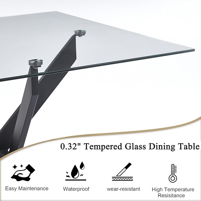 36" Square Dining Table for 4, Modern Clear Glass Kitchen Table for 4 with Black X Metal Legs, Contemporary Small Glass Dining Room Leisure Tables for Kitchen Apartment