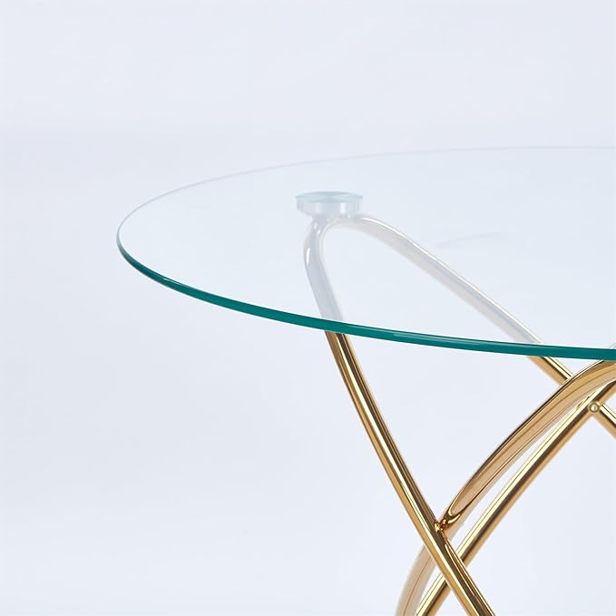 35.4" Round Dining Table for 4, Modern Clear Glass Kitchen Table for 4 with Gold Metal Legs, Compact Small Circle Dining Room Leisure Tables for Kitchen Apartment