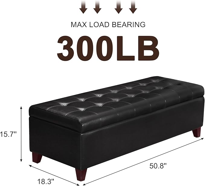 Joveco Storage Ottoman Bench, 51 Inch Leather Tufted Upholstered Bench for End Foot of Bed, Bedroom, Living Room, Black