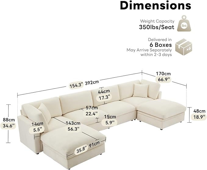 Tbfit Modern Sectional Sofa with Storage, Down-Filled Cushions, 154" W Cloud Couch for Home, Living Room, Beige