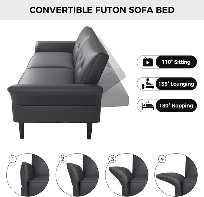 89” Futon Sofa Bed,Futon Couch Bed with 2 Square Pillows,Convertible Sleeper Sofa with Adjustable Backrest& Armrests, Modern Loveseat Sleeper for Living Room, Bedroom,Faux Leather Dark Gray