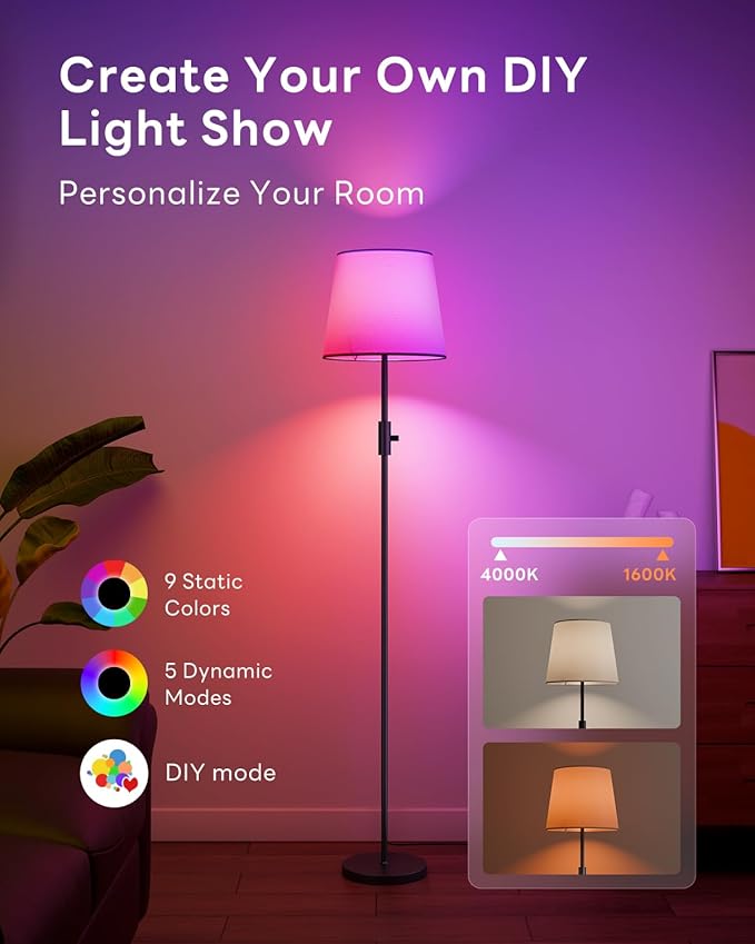 Dimmable Floor Lamp, 1200 Lumens RGBCW Color Change Bulb Included, Standing Lamp with Linen Shade, 62" Tall Lamp with Remote for Living Room, Bedroom, Office, Dining Room, Kitchen, Black