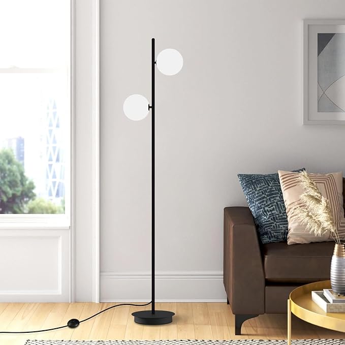 Black Floor Lamp 2-Light Modern White Frosted Glass Freestanding Lamp Mid Century Globe Floor Lamps for Vintage Standing Pole Lamp for Bedroom Living Room Hotel