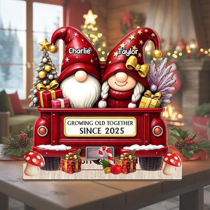 Growing Old Together Christmas Decor, Personalized Gnome Couple Wooden Plaque, Holiday Truck Sign Gift for Parents or Grandparents, Romantic Wooden Keepsake for Couples, Winter Home Decoration
