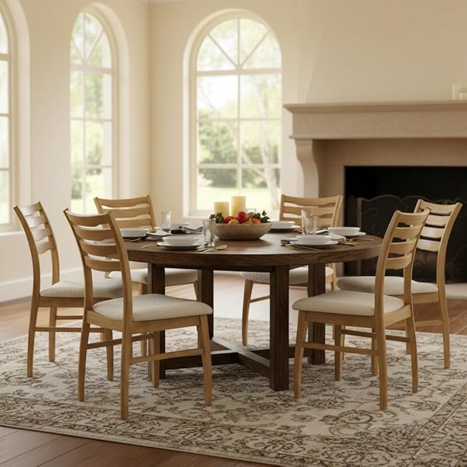 DUOMAY Farmhouse Dining Chairs Set of 6, Fur White Upholstered Side Chairs Solid Wood Ladder Back Kitchen Chairs for Home Dining Room, Light Browm Frame