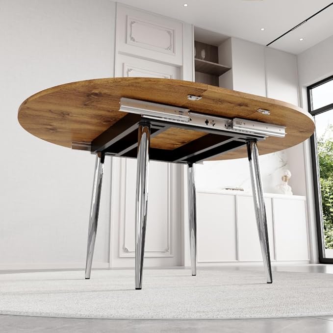 42" Round Dining Table for 4, 54" Oval Dining Table for 6, Extendable Kitchen & Dining Room Table with Metal Legs, Modern Rustic Space-Saving Adjustable Shape Dinner Table, Easy Assembly,Oak