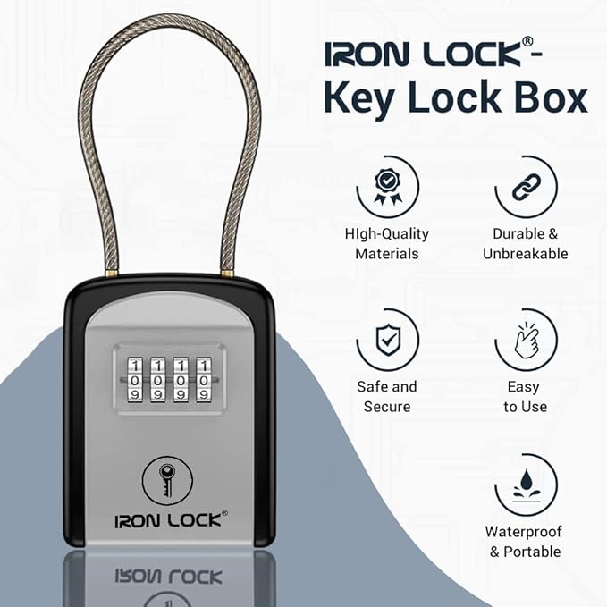 Iron Lock® Key Lock Box Portable with Cable Shackle – Small Waterproof Heavy-Duty Metal Safe with 4-Digit Combination for Spare Keys Outside on Door Knob, Fence, Pipe or Gate (Grey, Small)
