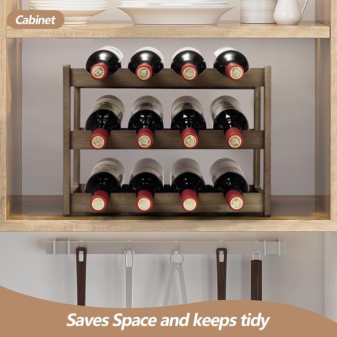Bamboo Wine Rack, Sturdy and Durable Wine Storage Cabinet Shelf, Wine Racks Countertop for Pantry - 3 Tiers 12 Bottle Wine Rack, Moca