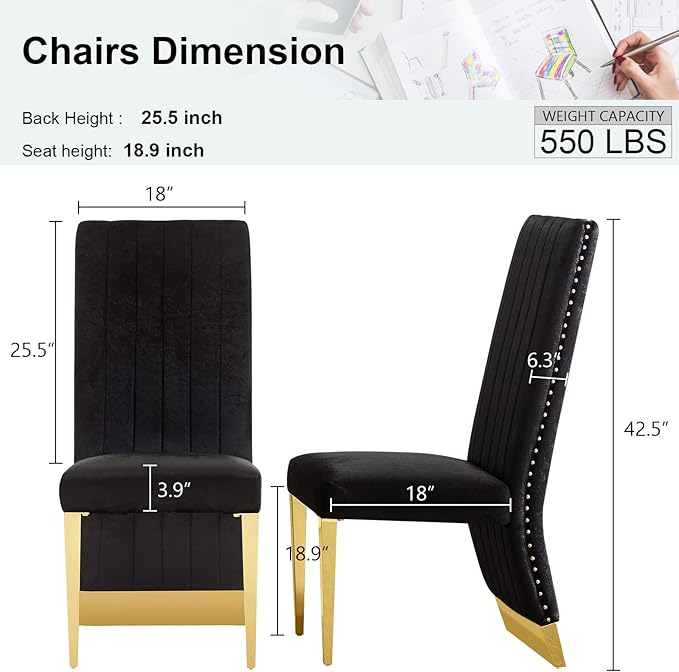 AUZ Black Velvet Dining Chairs Set of 2, Black and Gold Dining Chairs with Nailhead Trim and Polished Gold Legs, Gorgeous Upholstered Kitchen and Dining Room Chairs
