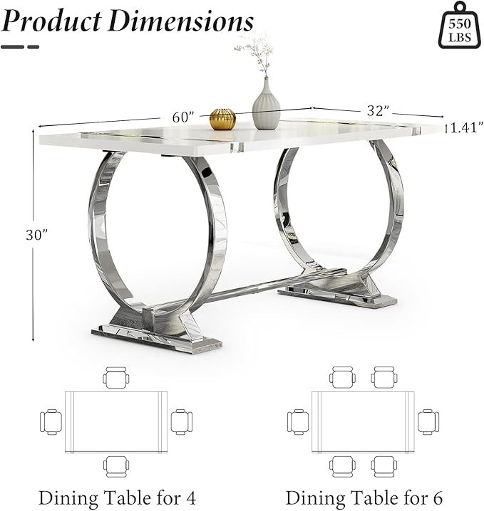 Asday White and Silver Rectangle Dining Table for 4-6, 60 inch Luxury Modern Dining Room Table with MDF Tabletop and Mirrored Chrome U-Shaped Base for Living Room, Kitchen, Apartment