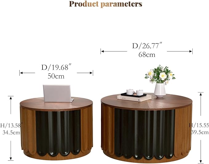 Modern Round Storage Side Tables Set, Dark Walnut and Black Finish, Fluted Wood Design, Hidden Storage, Nesting Coffee Tables for Living Room