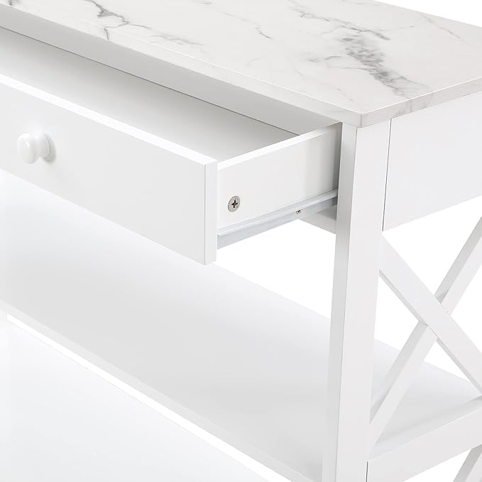 Convenience Concepts Oxford 1 Drawer Console Table with Shelves, White Faux Marble/White