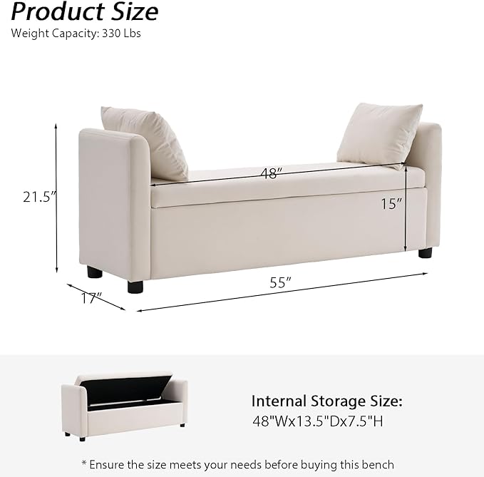 Storage Bench for Bedroom, 55" End of Bed Bench for King Size Bed, Modern Upholstered Long Ottoman Bench with Arms and 2 Pillows for Living Room/Entryway (Ivory White)